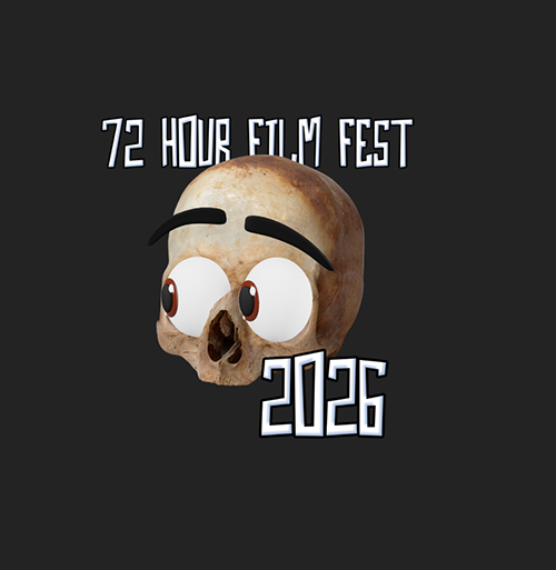 2026 72-Hour Film Fest t-shirt design: a skull with wide cartoon eyes and raised eyebrows